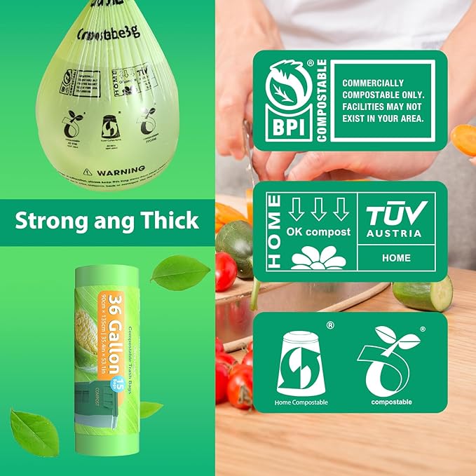 GreFusion Compostable 36 gallon Trash Bags, Extra Thick 1.28 Mills, Compost 36 Gal Trash Bags (Kitchen Tall Garbage Bags), Compostable Lawn & Leaf Yard Waste bags,ASTM D6400,Bpi Certified