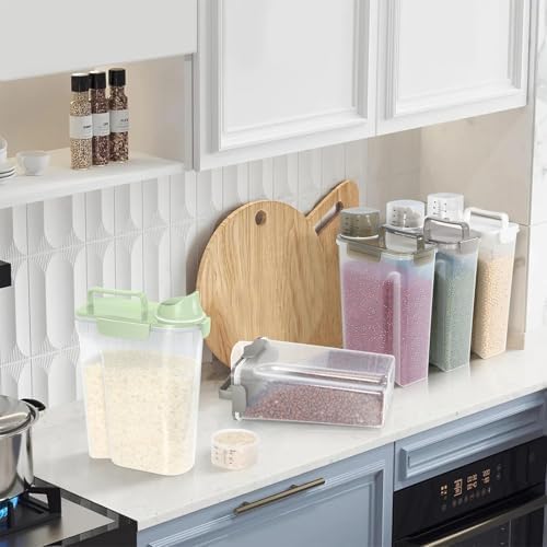 10-20Lbs Portable Cat Dog Food Storage Container with Upgraded Large Spout and Cup Dispenser for Small Large Animal Kibble, Pet Bird snack, Oatmeal, Rice, Flour, Brown Sugar-3 Pack Purple Gray Green