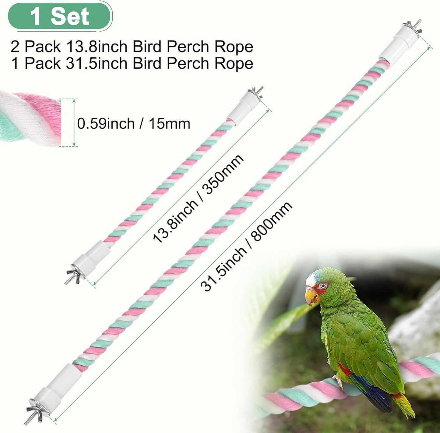 1-Set Rope Perches for Bird Cages, 13.8 & 31.5 in Length Comfort Grip Flexible Rope Perch Beak & Paw Grinding for Parrots/Cockatiels/Parakeets, Bird Platform Sand [Pink Cyan]