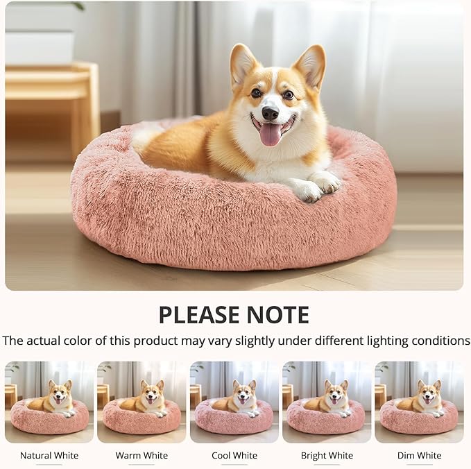 JOLLYVOGUE Small Dog & Cat Beds for Indoor Cats, Donut Cuddler Warming Soft Dog Beds with Anti-Slip Bottom, Round Calming Fluffy Plush Faux Fur Cushion Bed for Small Dogs (20", Peach Pink)