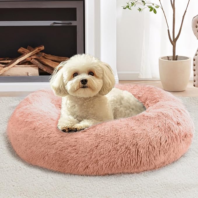 JOLLYVOGUE Small Dog & Cat Beds for Indoor Cats, Donut Cuddler Warming Soft Dog Beds with Anti-Slip Bottom, Round Calming Fluffy Plush Faux Fur Cushion Bed for Small Dogs (20", Peach Pink)