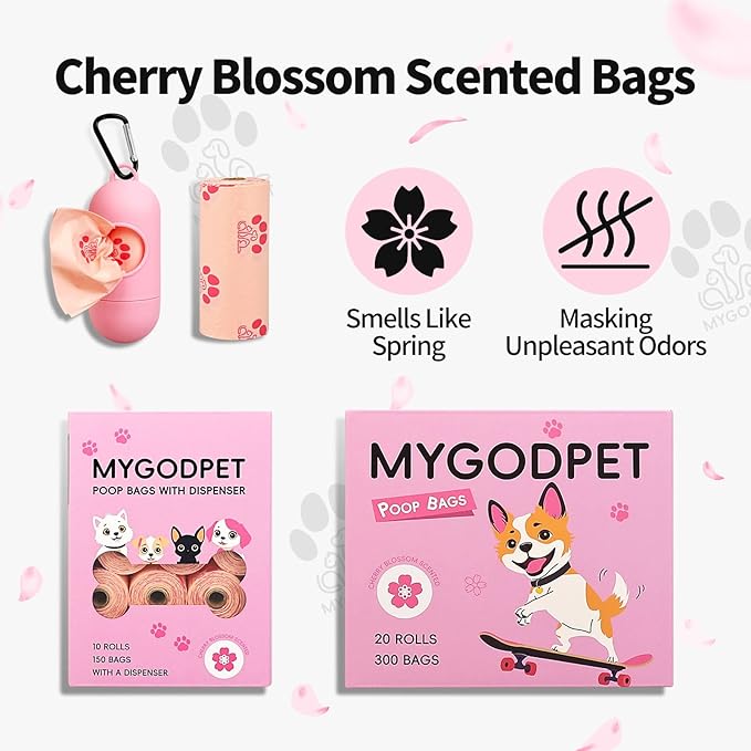 Dog Poop Bags Rolls 300 Count Biodegradable Poop Bags Refills for Dog and Cat Cherry Blossom Scented Waste Bag Leak Proof Doggie Poop Bag Doggy Trash Bag Pink