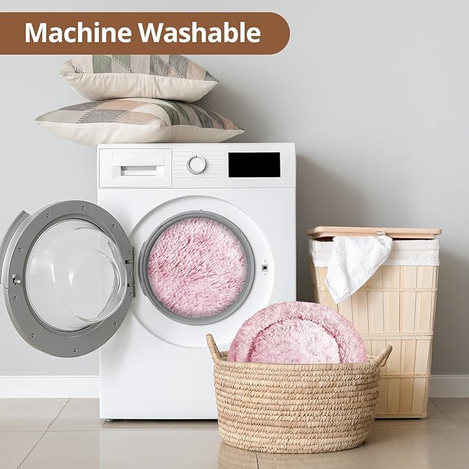 JOLLYVOGUE Small Dog & Cat Beds for Indoor Cats, Donut Cuddler Warming Soft Dog Beds with Anti-Slip Bottom, Round Calming Fluffy Plush Faux Fur Cushion Bed for Small Dogs (23", Smoke Pink)