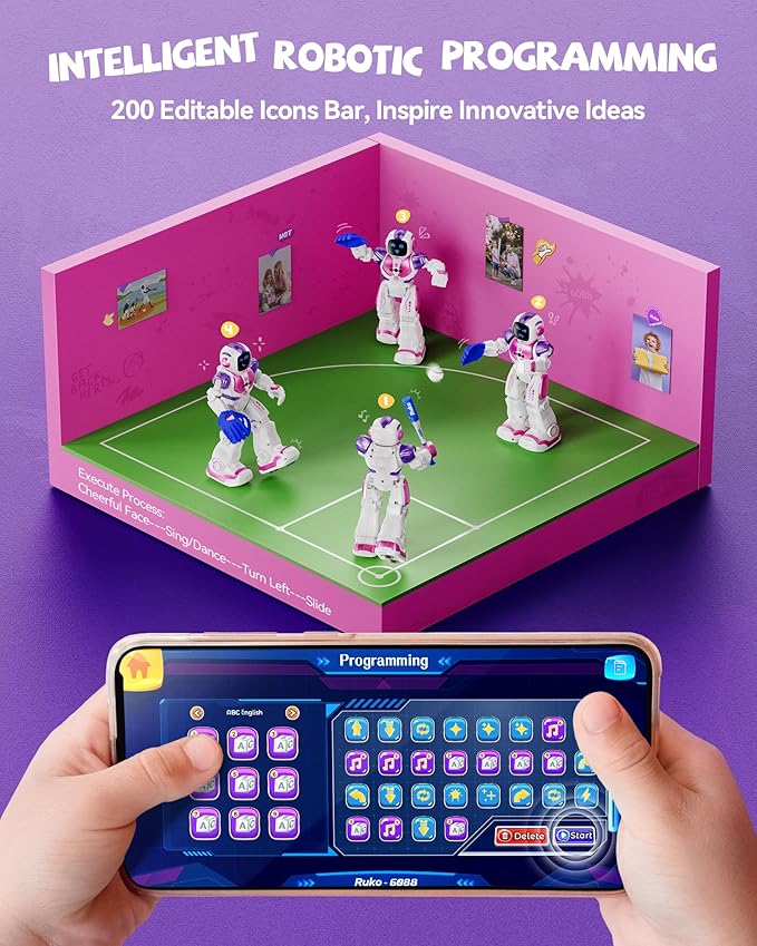 Ruko 6088 Dancing Robot for Girls with APP Control, Remote Control, Gesture Sensing Control, Interactive LED Faces, QA Games Rechargeable Programmable Robot Toys for 3 4 5 6 Years Kids, Pink Purple