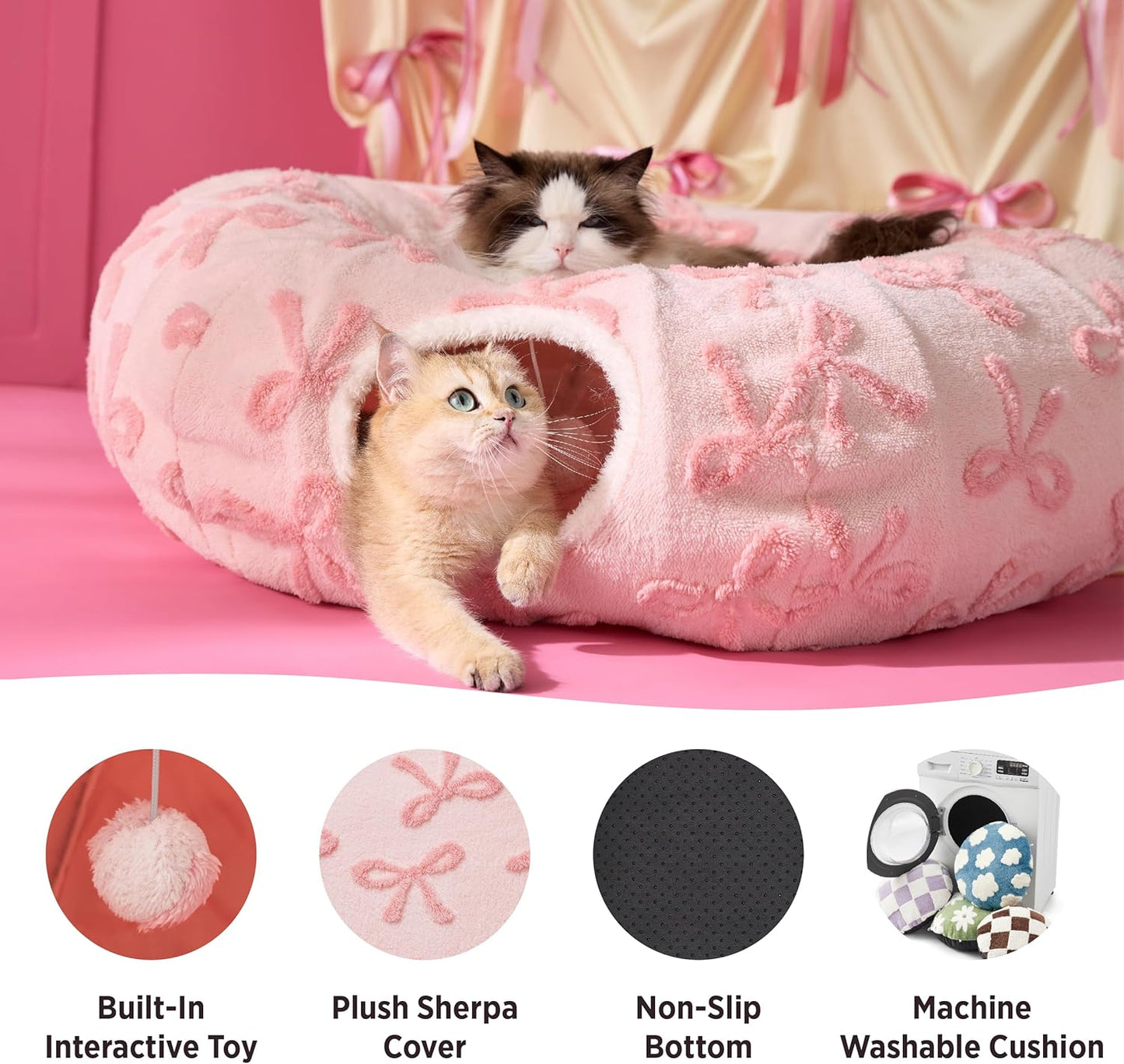 Lesure Cat Tunnel Bed for Indoor Cats - Cute Cat Donut Tunnel Toys with Washable Circle Cushion, Round Pet Peekaboo Cave Toy for Kitten/Puppy/Rabbit, Standard Pink Taffy