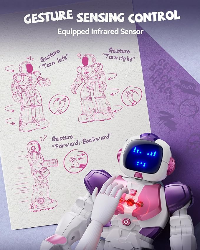 Ruko 6088 Dancing Robot for Girls with APP Control, Remote Control, Gesture Sensing Control, Interactive LED Faces, QA Games Rechargeable Programmable Robot Toys for 3 4 5 6 Years Kids, Pink Purple