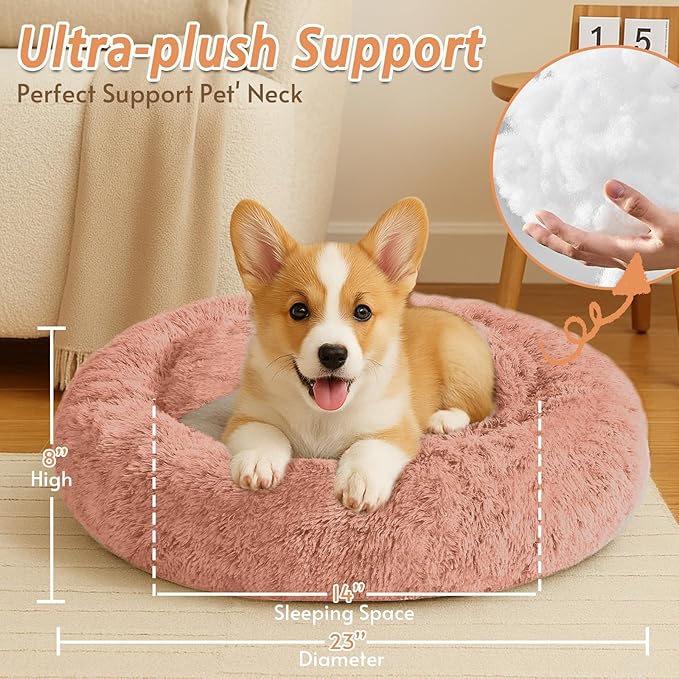 JOLLYVOGUE Small Dog & Cat Beds for Indoor Cats, Donut Cuddler Warming Soft Dog Beds with Anti-Slip Bottom, Round Calming Fluffy Plush Faux Fur Cushion Bed for Small Dogs (23", Peach Pink)