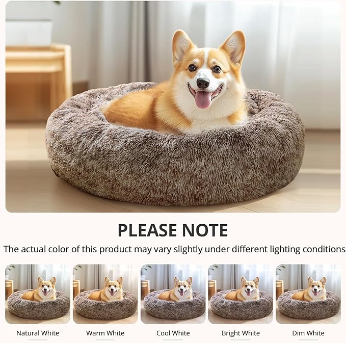 JOLLYVOGUE Small Dog & Cat Beds for Indoor Cats, Donut Cuddler Warming Soft Dog Beds with Anti-Slip Bottom, Round Calming Fluffy Plush Faux Fur Cushion Bed for Large Dogs (36", Smoke Brown)