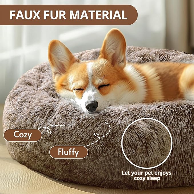 JOLLYVOGUE Small Dog & Cat Beds for Indoor Cats, Donut Cuddler Warming Soft Dog Beds with Anti-Slip Bottom, Round Calming Fluffy Plush Faux Fur Cushion Bed for Large Dogs (36", Smoke Brown)