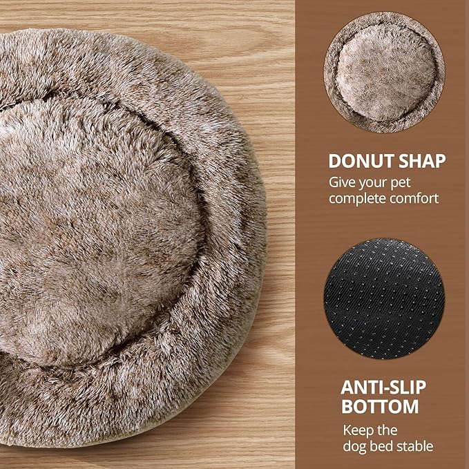 JOLLYVOGUE Small Dog & Cat Beds for Indoor Cats, Donut Cuddler Warming Soft Dog Beds with Anti-Slip Bottom, Round Calming Fluffy Plush Faux Fur Cushion Bed for Large Dogs (36", Smoke Brown)